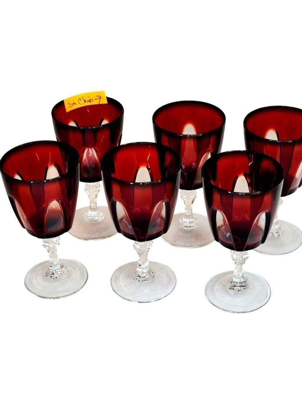 Cristal DArques-Durand Gothic Ruby Red Wine Glasses Cut Clear Stem Lot Of 6